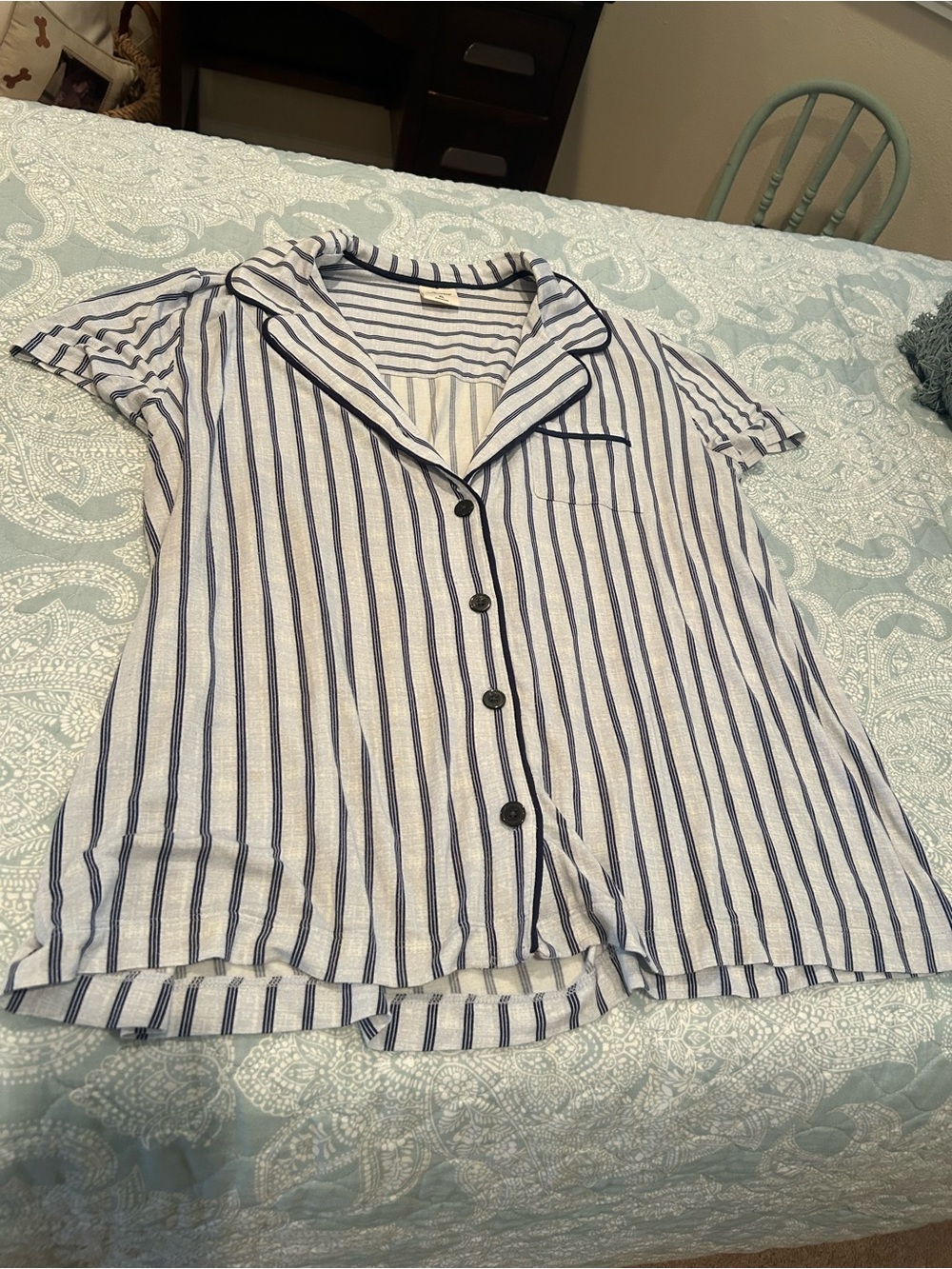 Soma “Cool Nights” Striped Button-Front Short Sleeve Shirt - Navy & White